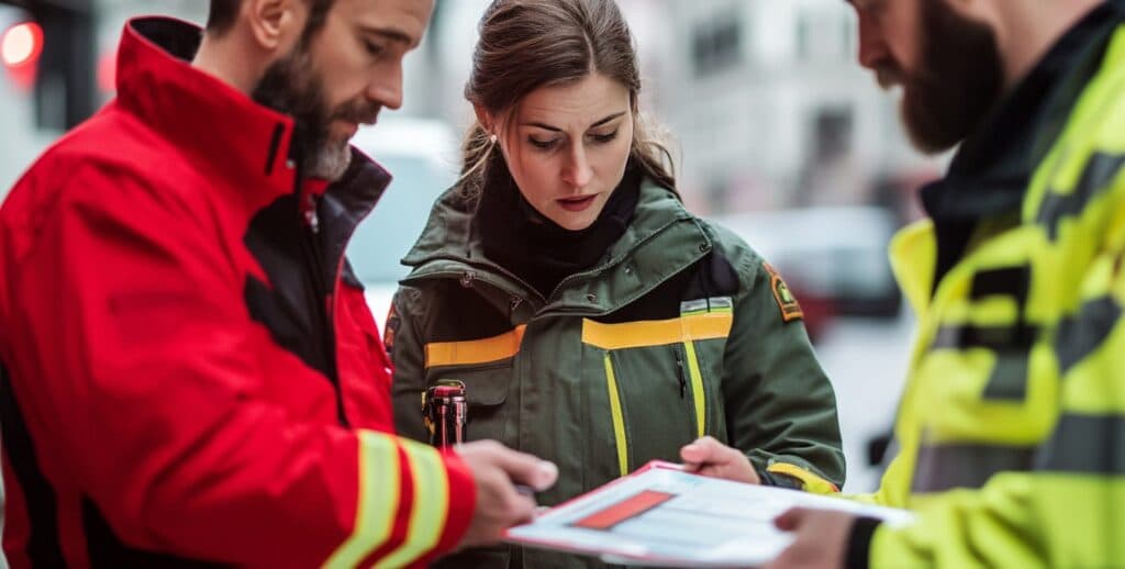 Three emergency response professionals reviewing a safety checklist outdoors, symbolizing certified security guard readiness.
