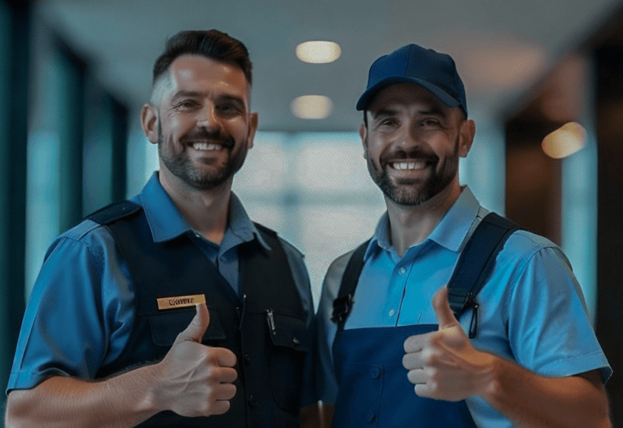 Security guard and janitor standing side by side in a modern facility, smiling and giving thumbs up to symbolize integrated safety and cleaning services.